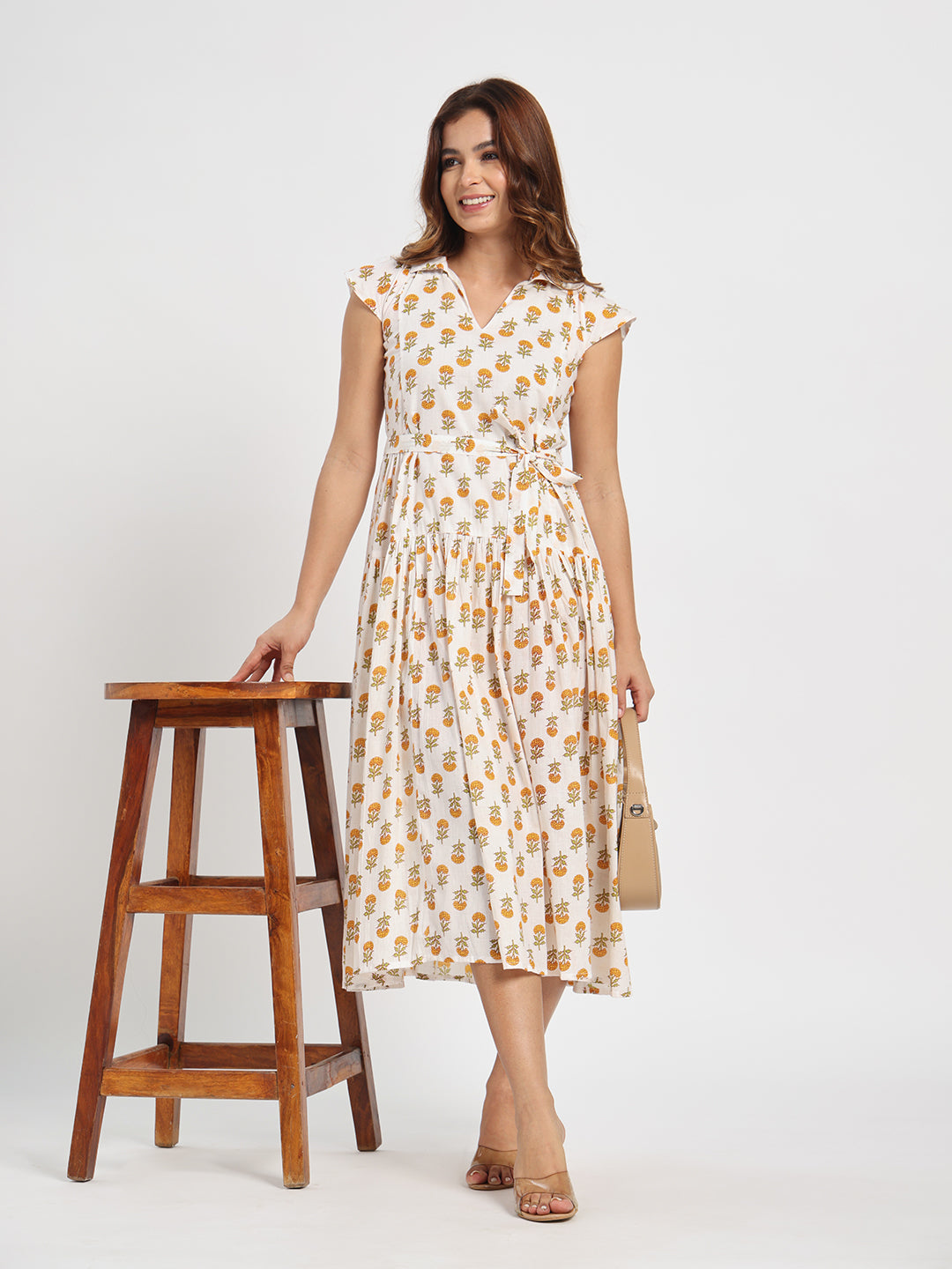 Klawesh White Floral Printed Cotton Midi Dress for Women