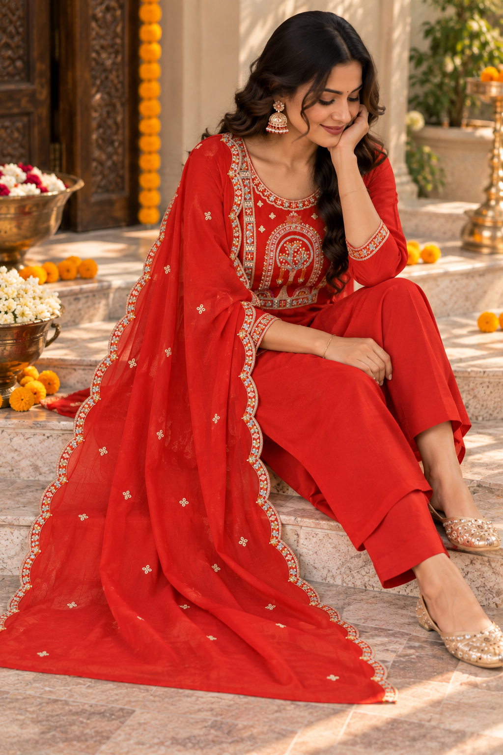 Orange Embroidered Kurta Pant Set with Dupatta | Festive Ethnic Suit for Women