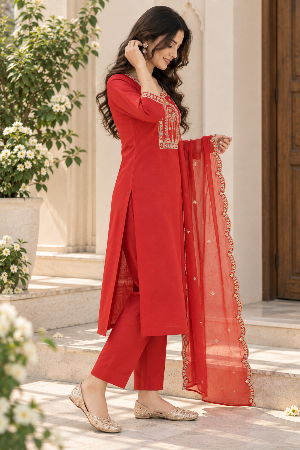 Orange Embroidered Kurta Pant Set with Dupatta | Festive Ethnic Suit for Women
