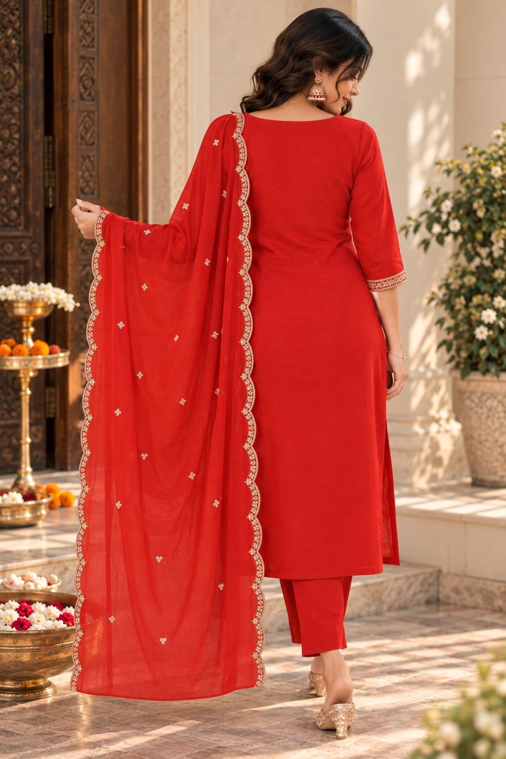 Orange Embroidered Kurta Pant Set with Dupatta | Festive Ethnic Suit for Women