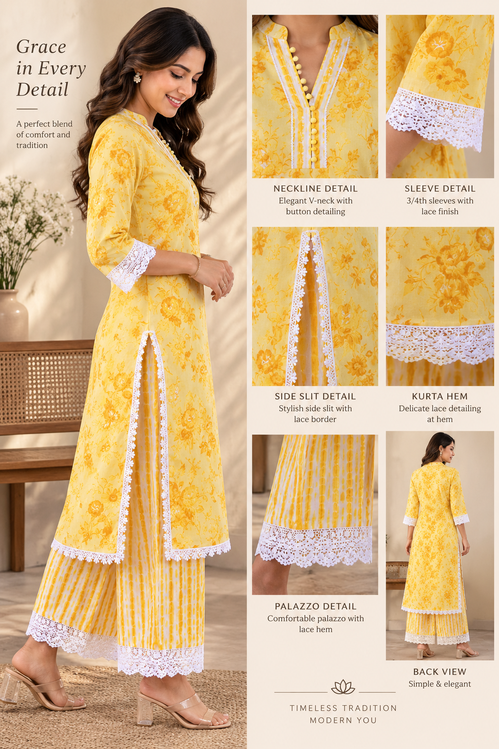 Yellow Floral Printed Kurta with Palazzo Set | Lace Detail Co-ord Set for Women