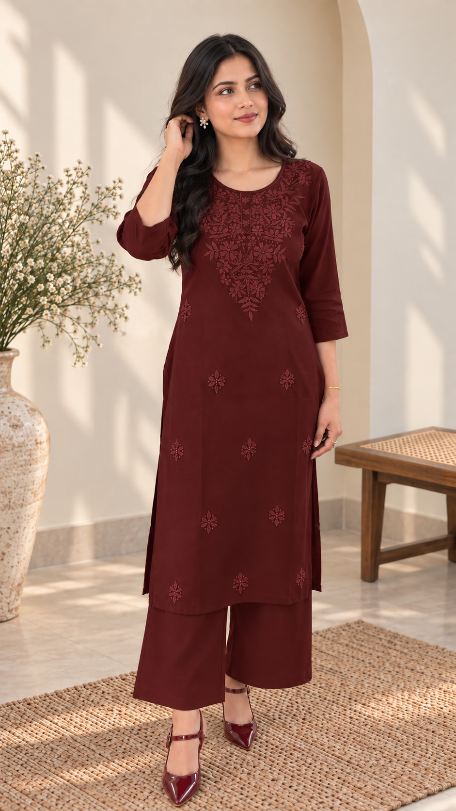 Maroon Embroidered Kurta Palazzo Set for Women | Elegant Ethnic Wear