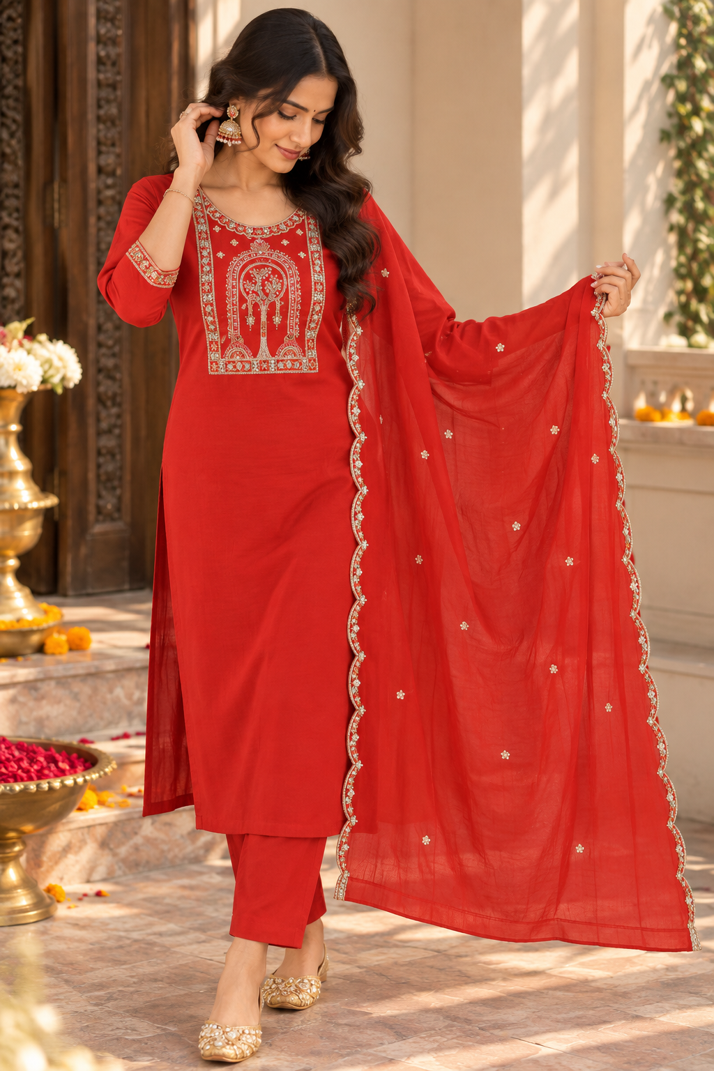 Orange Embroidered Kurta Pant Set with Dupatta | Festive Ethnic Suit for Women