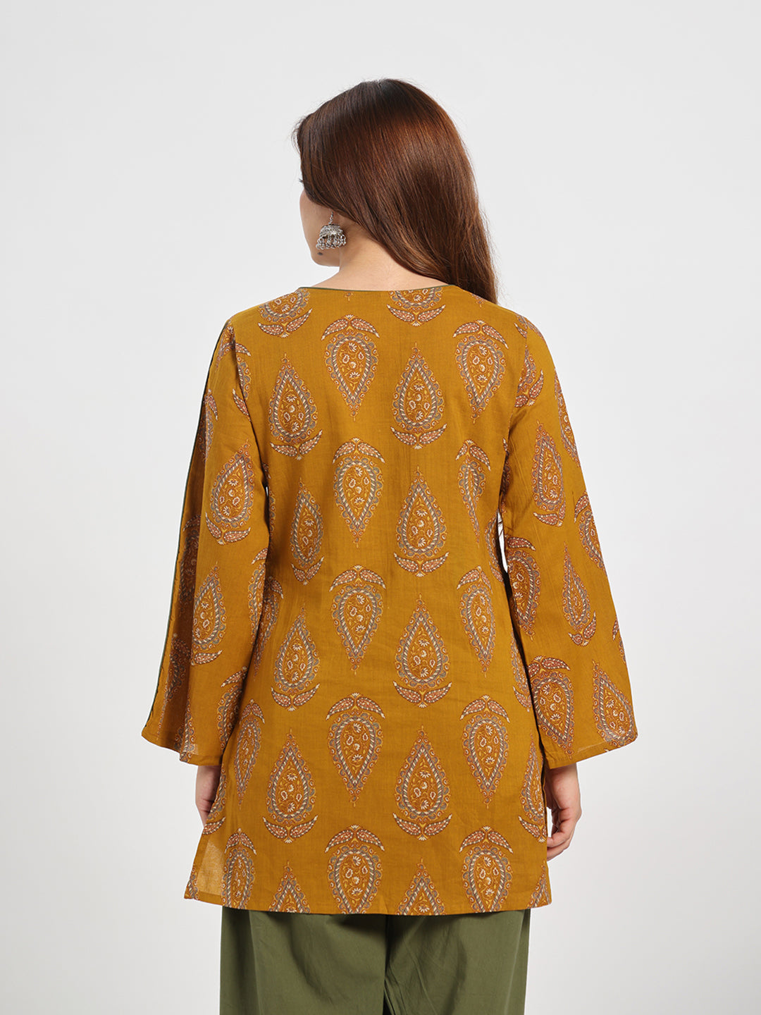Mustard Paisley Printed Cotton Kurta with Olive Green Palazzo Set
