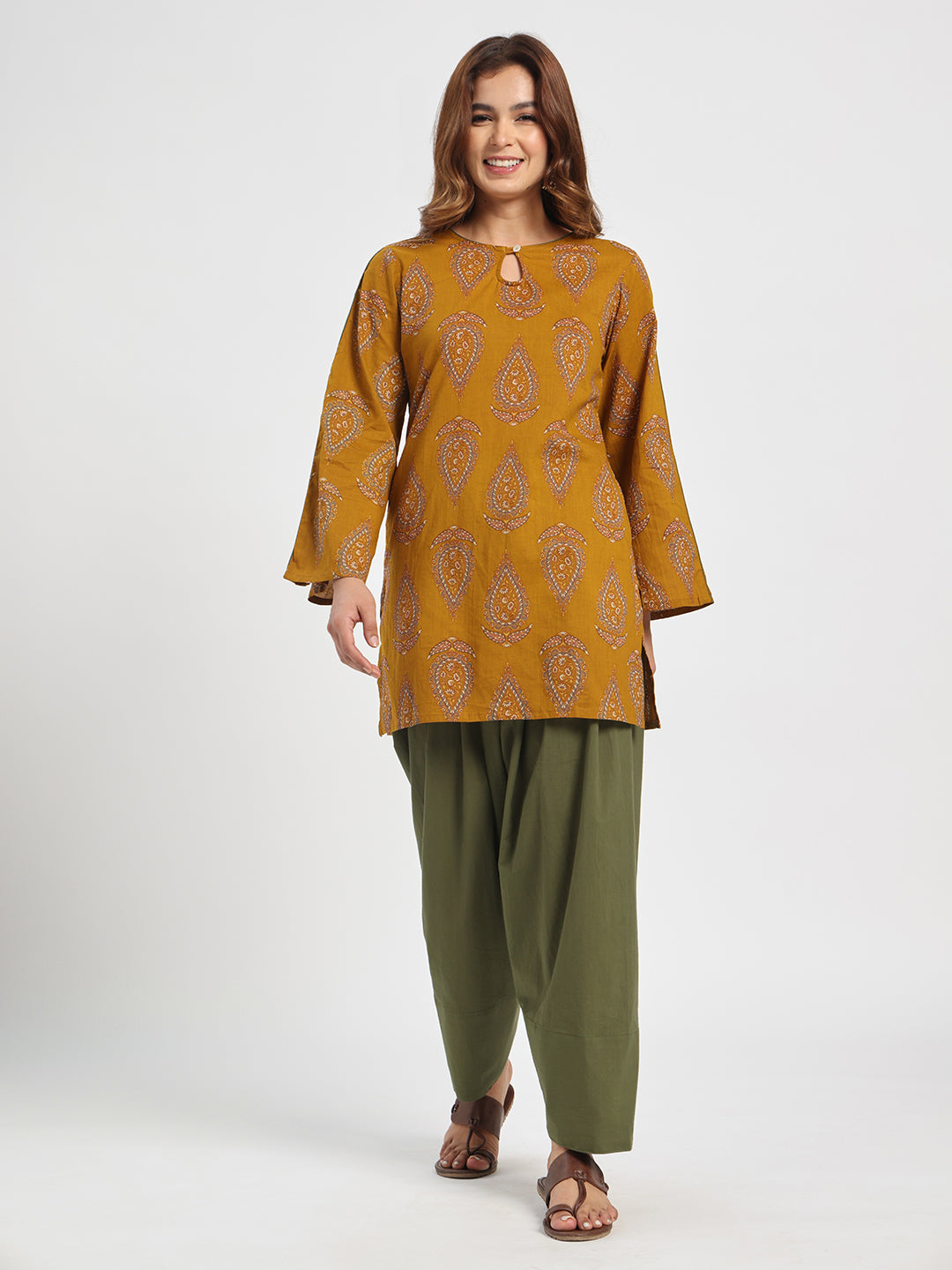 Mustard Paisley Printed Cotton Kurta with Olive Green Palazzo Set