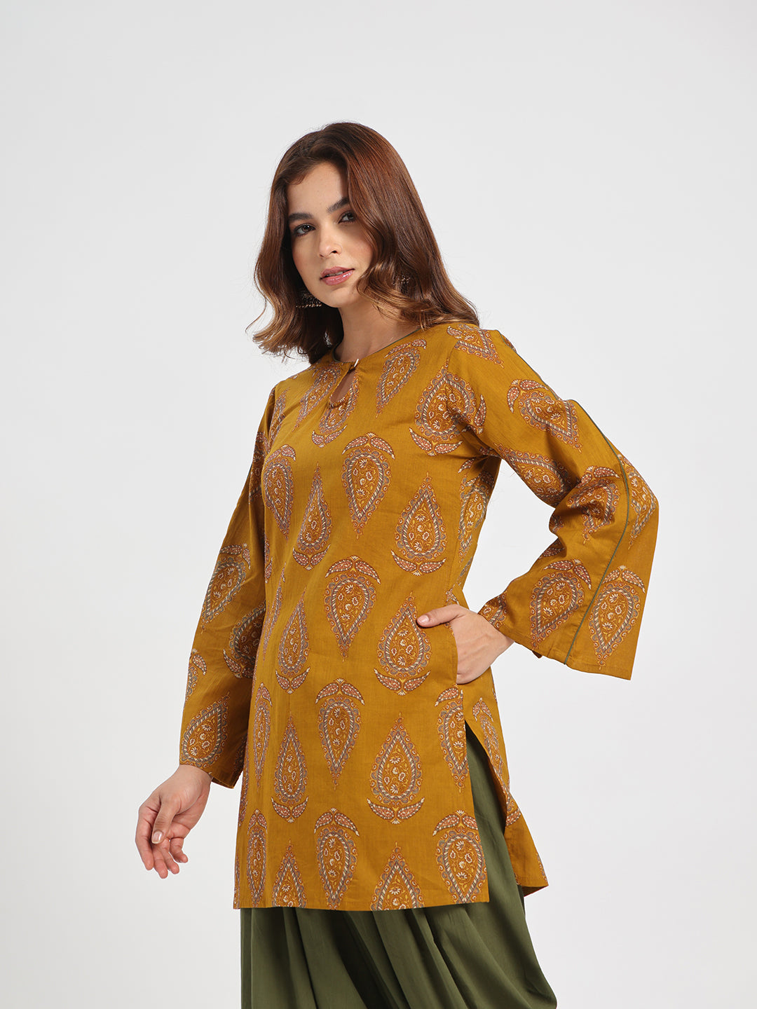 Mustard Paisley Printed Cotton Kurta with Olive Green Palazzo Set