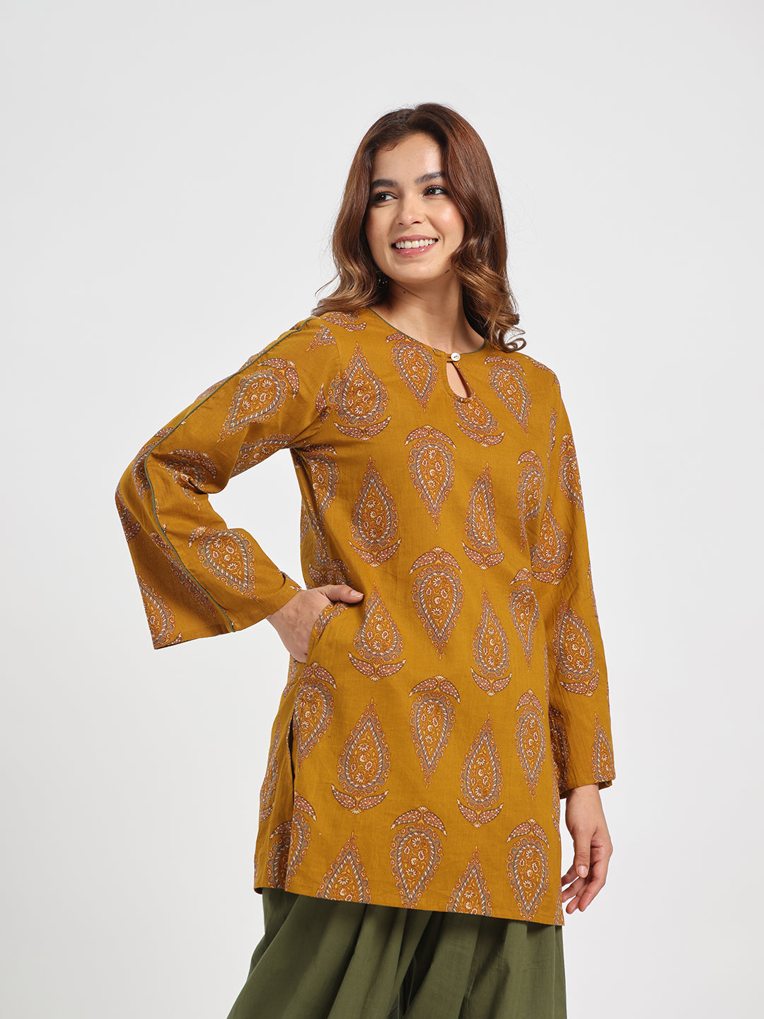 Mustard Paisley Printed Cotton Kurta with Olive Green Palazzo Set