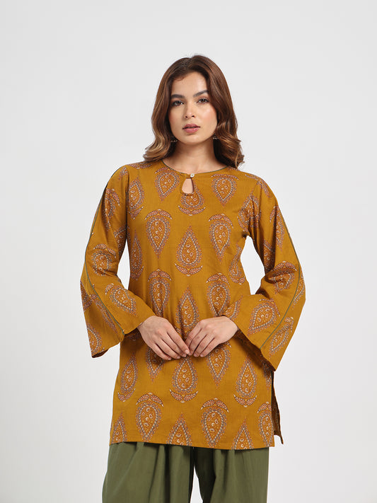 Mustard Paisley Printed Cotton Kurta with Olive Green Palazzo Set
