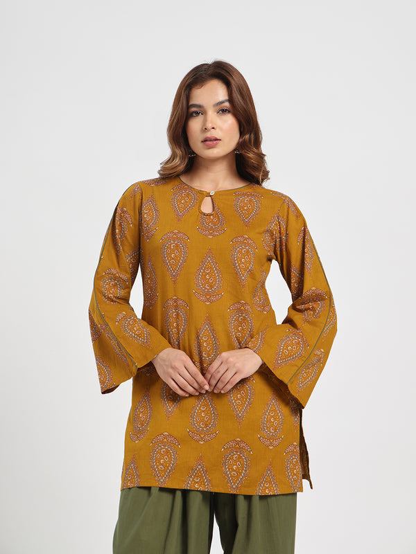 Mustard Paisley Printed Cotton Kurta with Olive Green Palazzo Set