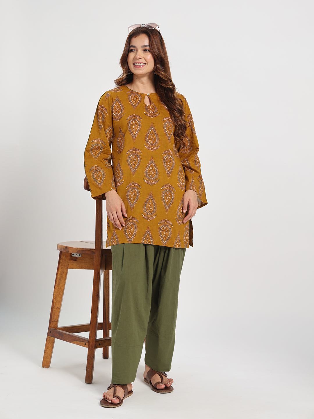 Mustard Paisley Printed Cotton Kurta with Olive Green Palazzo Set