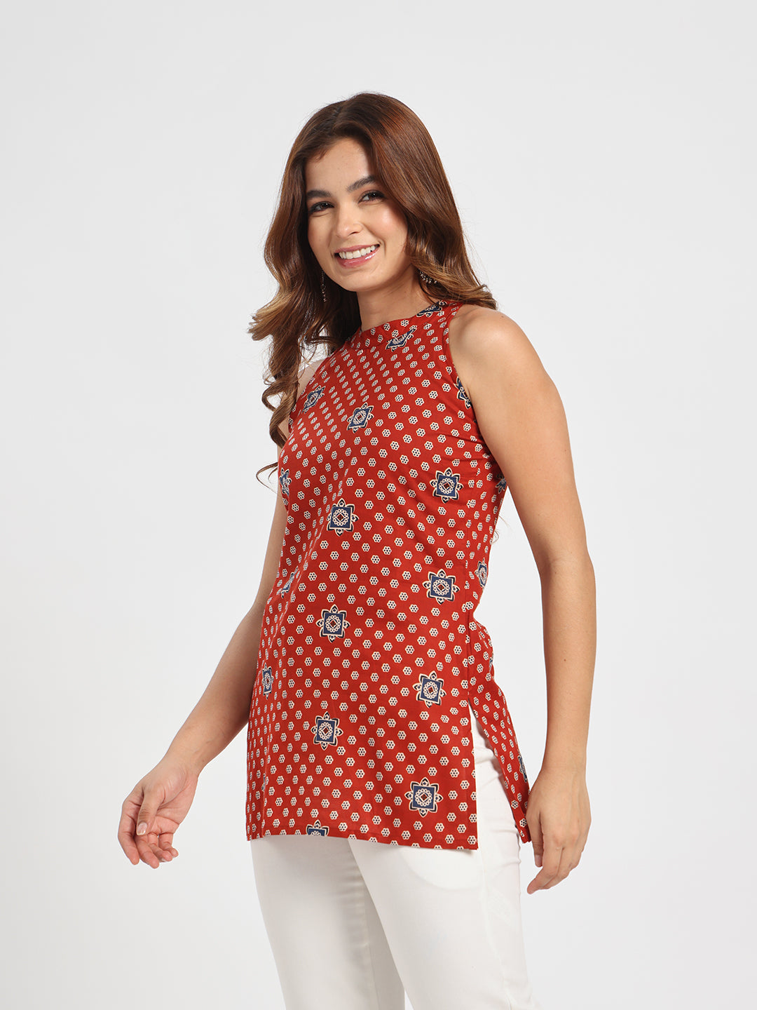 Women’s Rust Red Printed High Neck Sleeveless Top