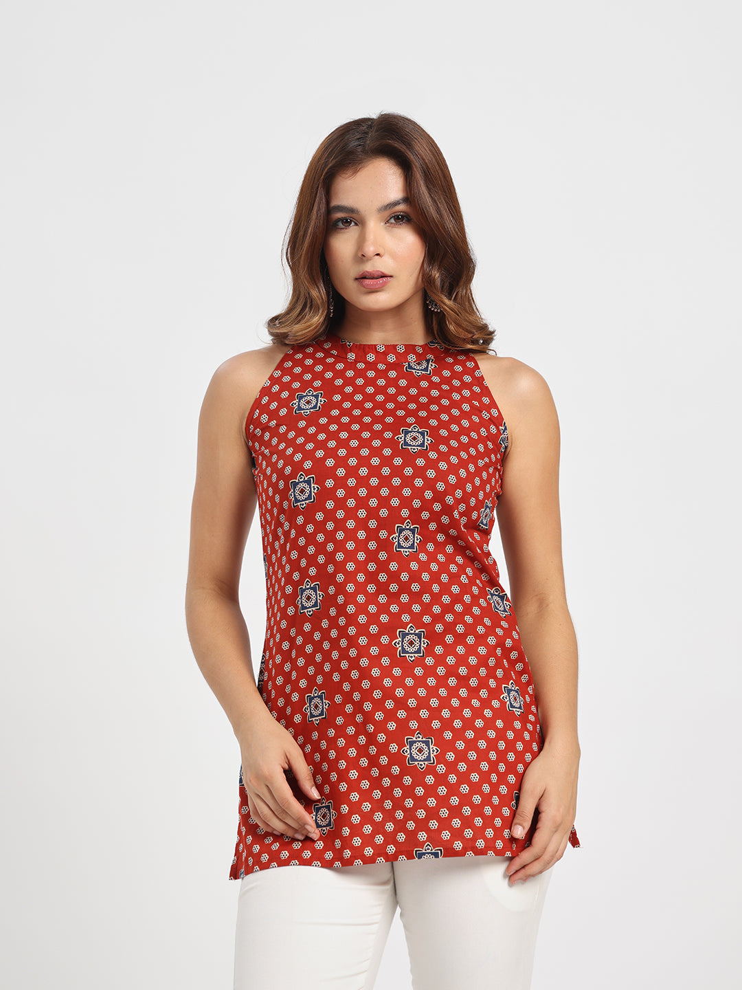 Women’s Rust Red Printed High Neck Sleeveless Top