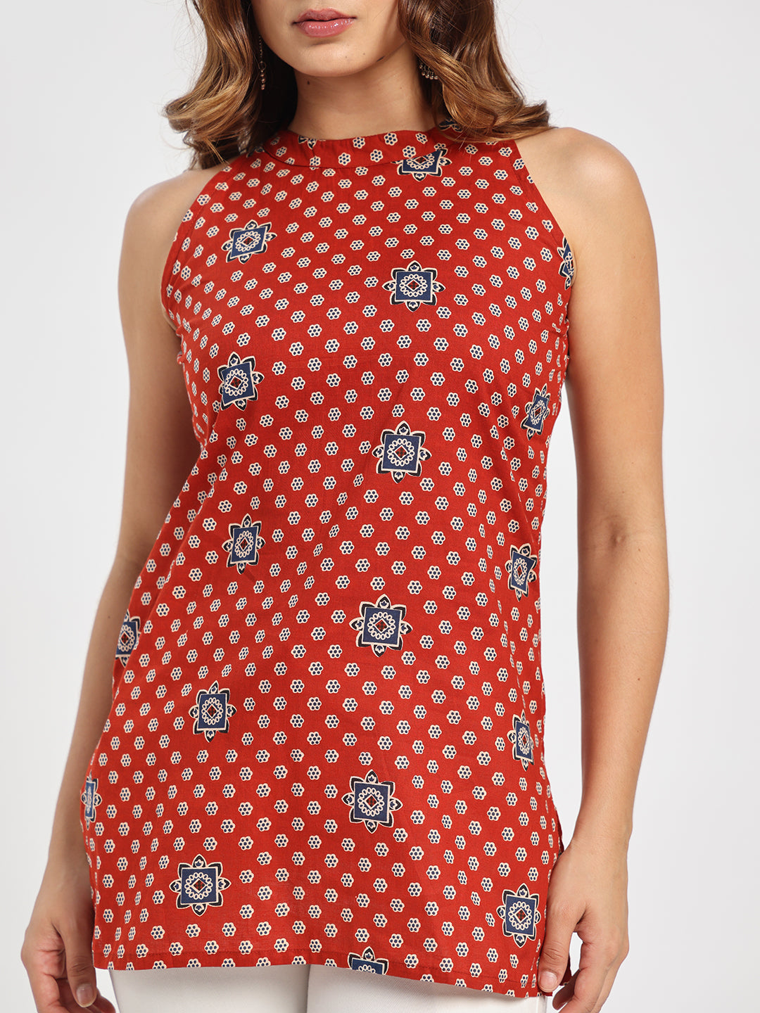 Women’s Rust Red Printed High Neck Sleeveless Top
