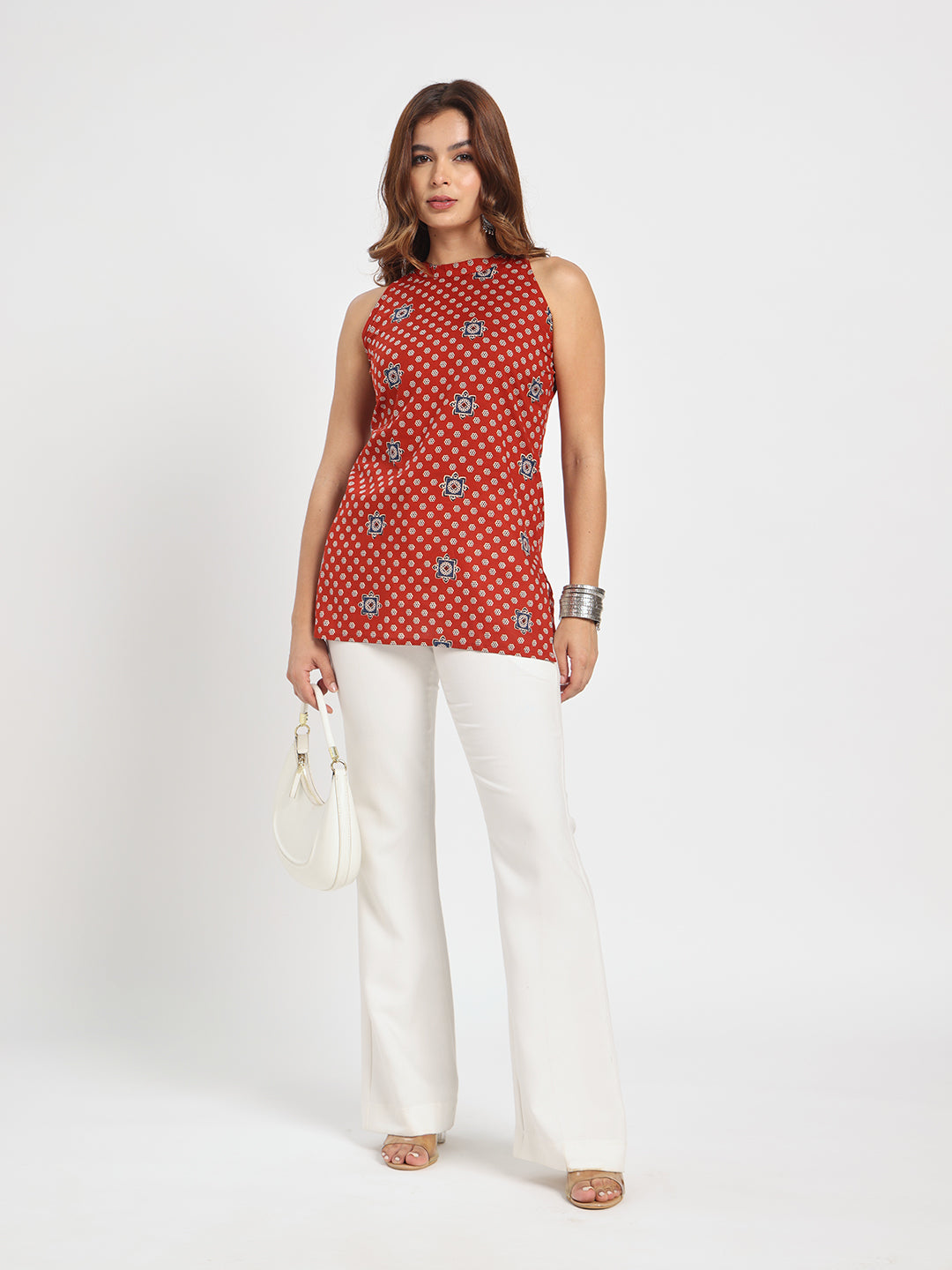 Women’s Rust Red Printed High Neck Sleeveless Top
