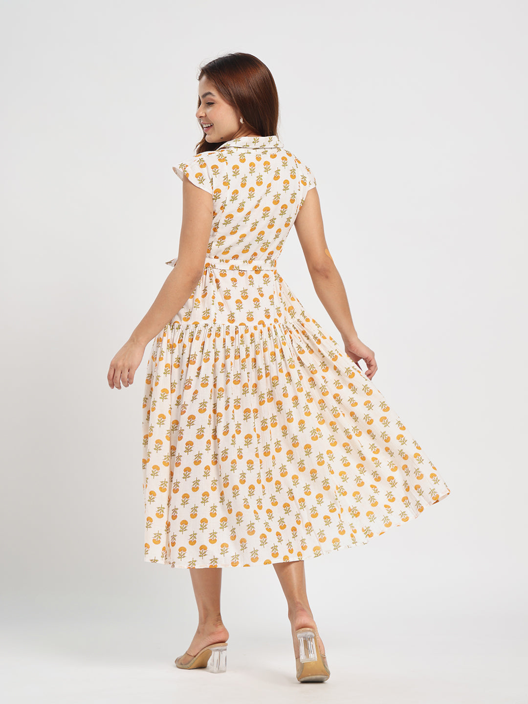 Klawesh White Floral Printed Cotton Midi Dress for Women