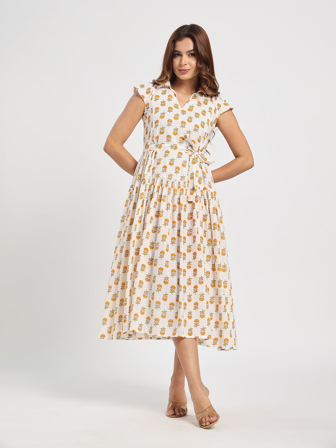 Klawesh White Floral Printed Cotton Midi Dress for Women