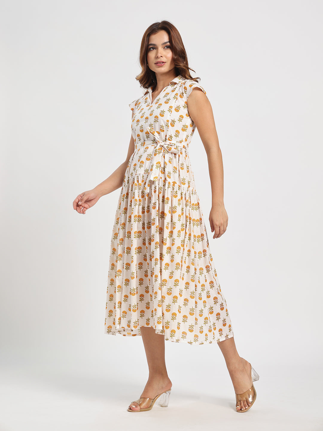 Klawesh White Floral Printed Cotton Midi Dress for Women