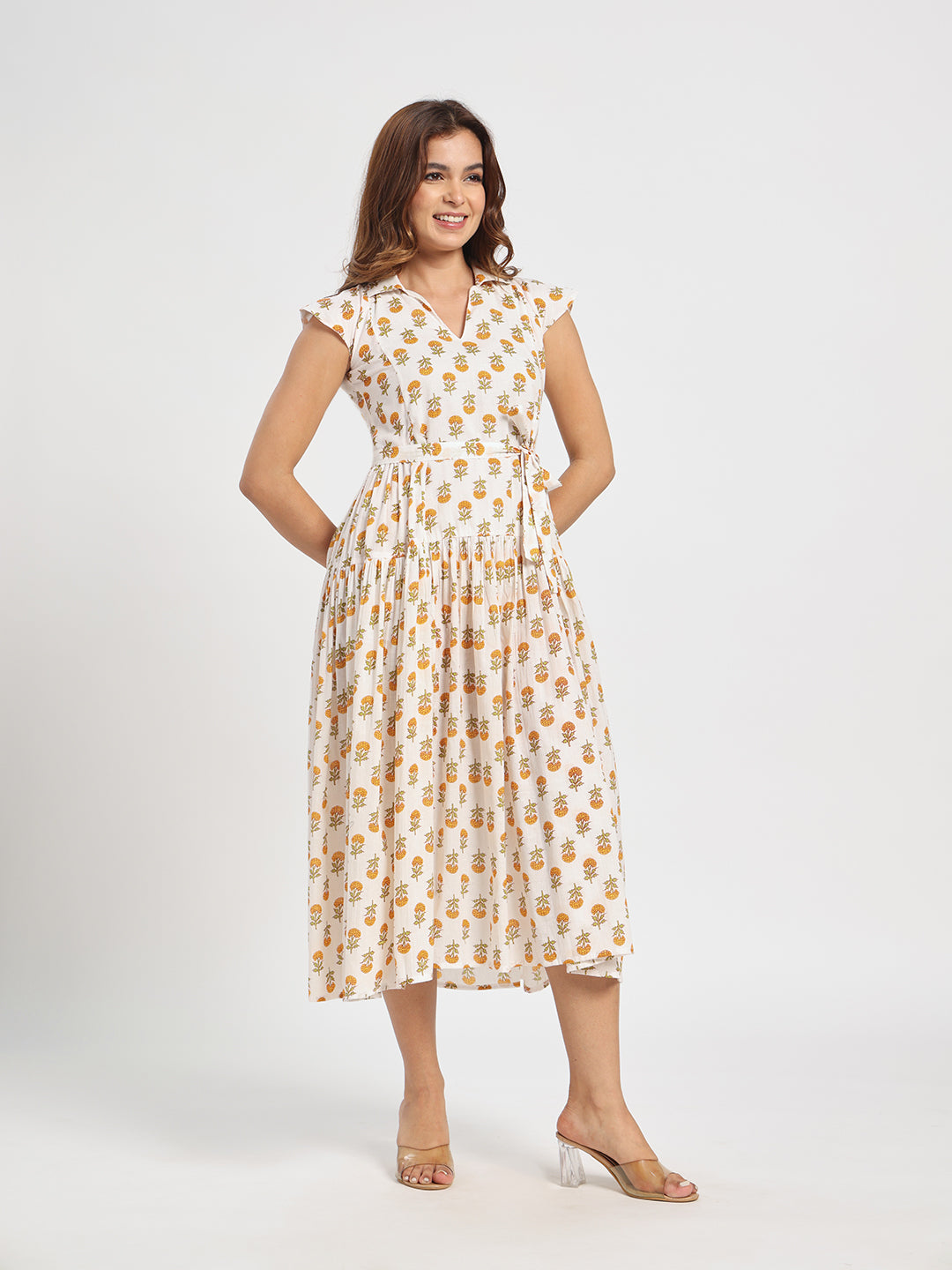 Klawesh White Floral Printed Cotton Midi Dress for Women