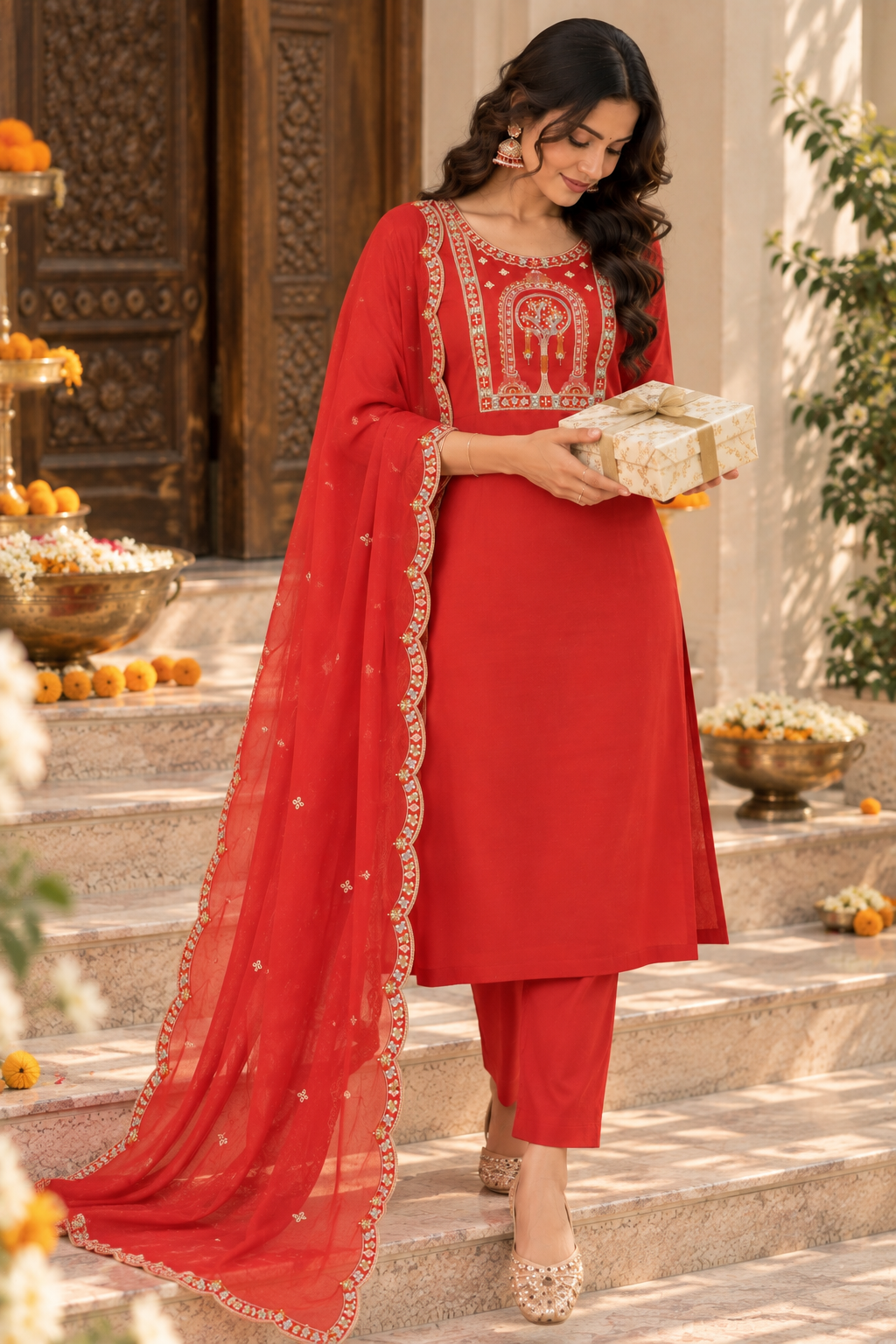 Orange Embroidered Kurta Pant Set with Dupatta | Festive Ethnic Suit for Women