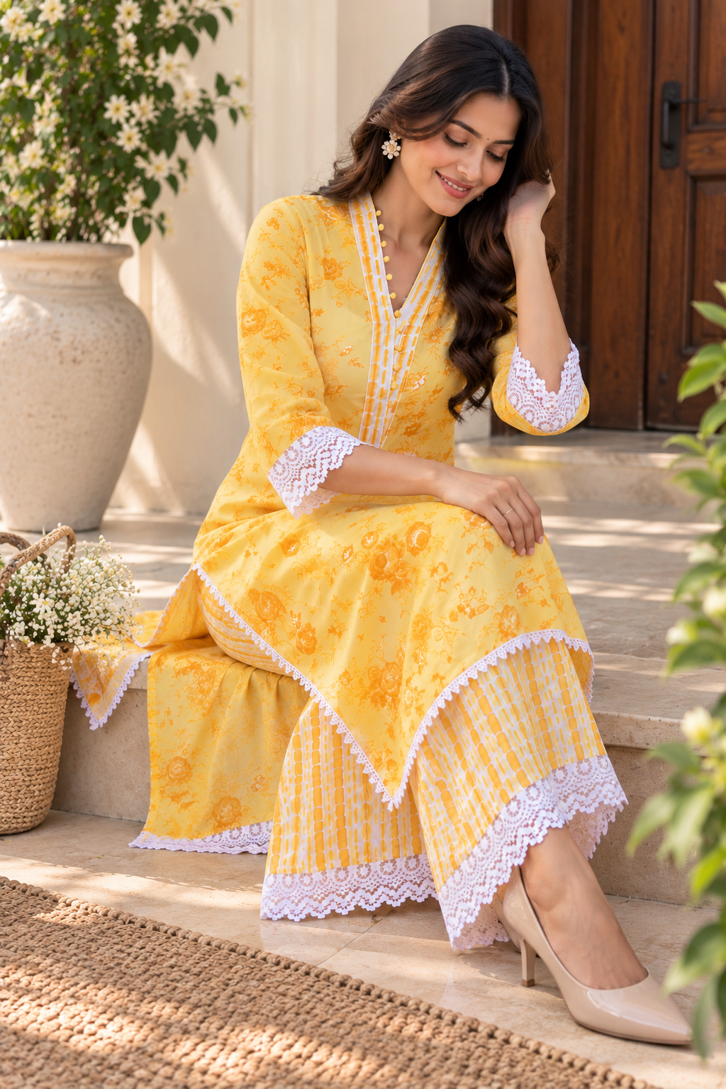 Yellow Floral Printed Kurta with Palazzo Set | Lace Detail Co-ord Set for Women