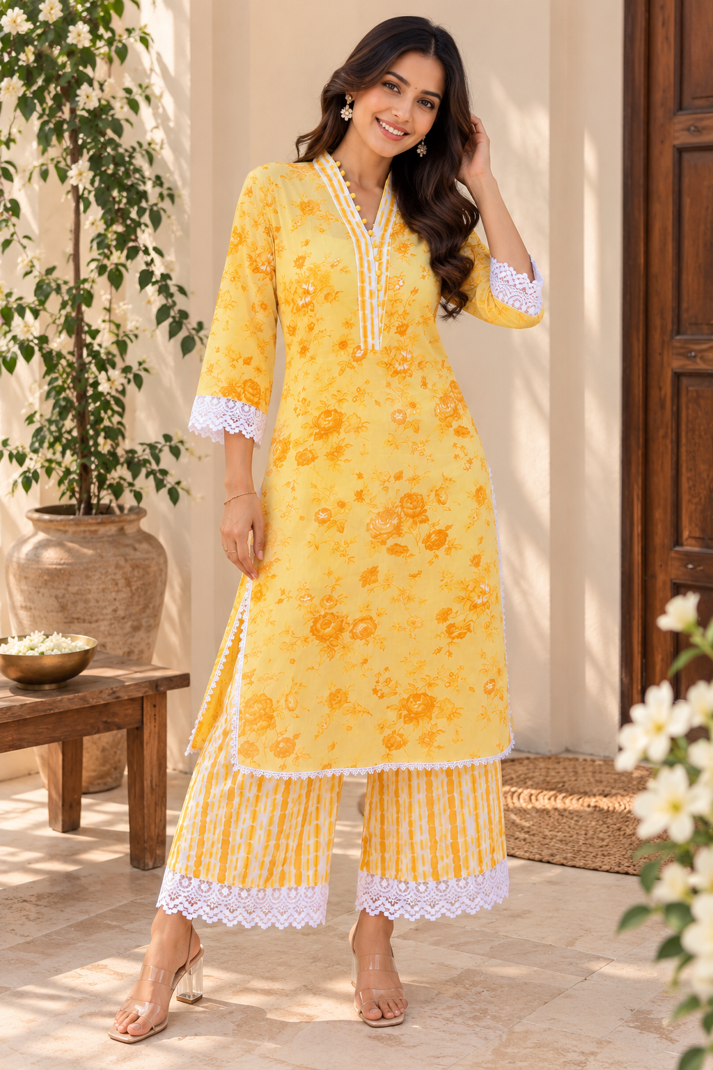 Yellow Floral Printed Kurta with Palazzo Set | Lace Detail Co-ord Set for Women
