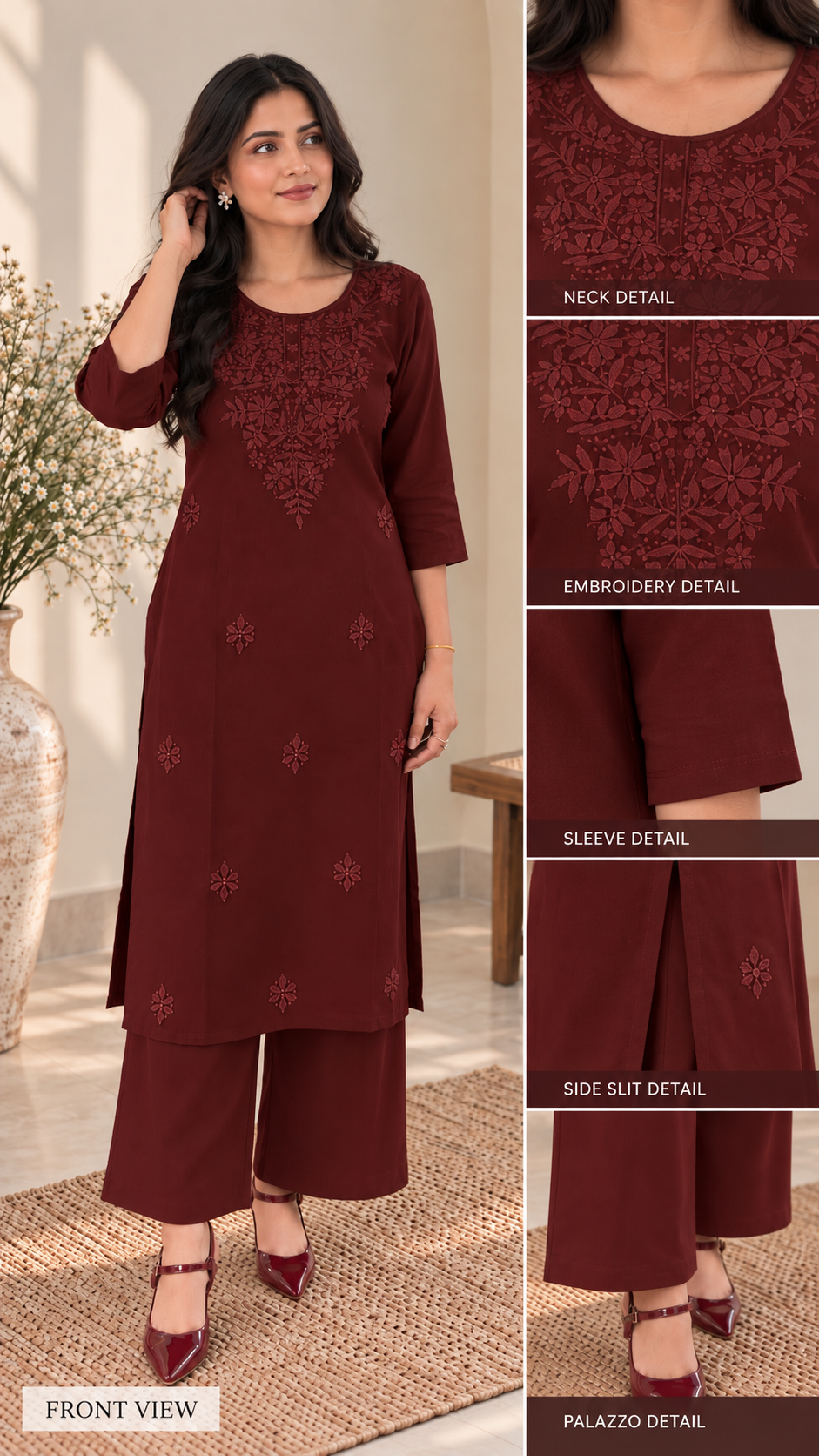Maroon Embroidered Kurta Palazzo Set for Women | Elegant Ethnic Wear