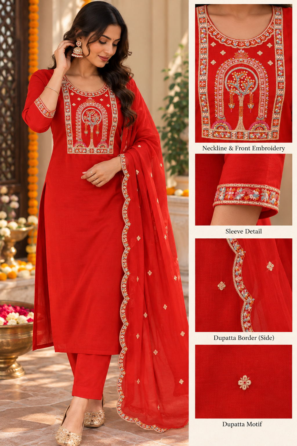 Orange Embroidered Kurta Pant Set with Dupatta | Festive Ethnic Suit for Women