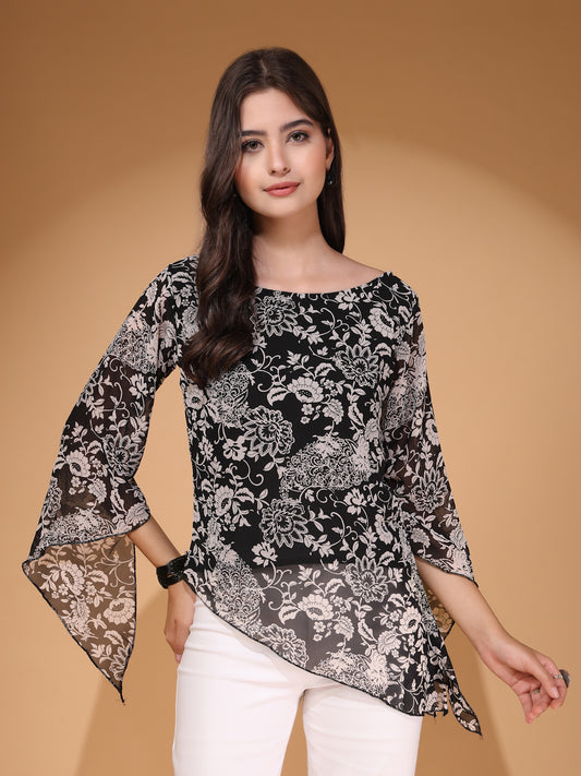 Women’s Floral Printed Asymmetric Georgette Short Kurti