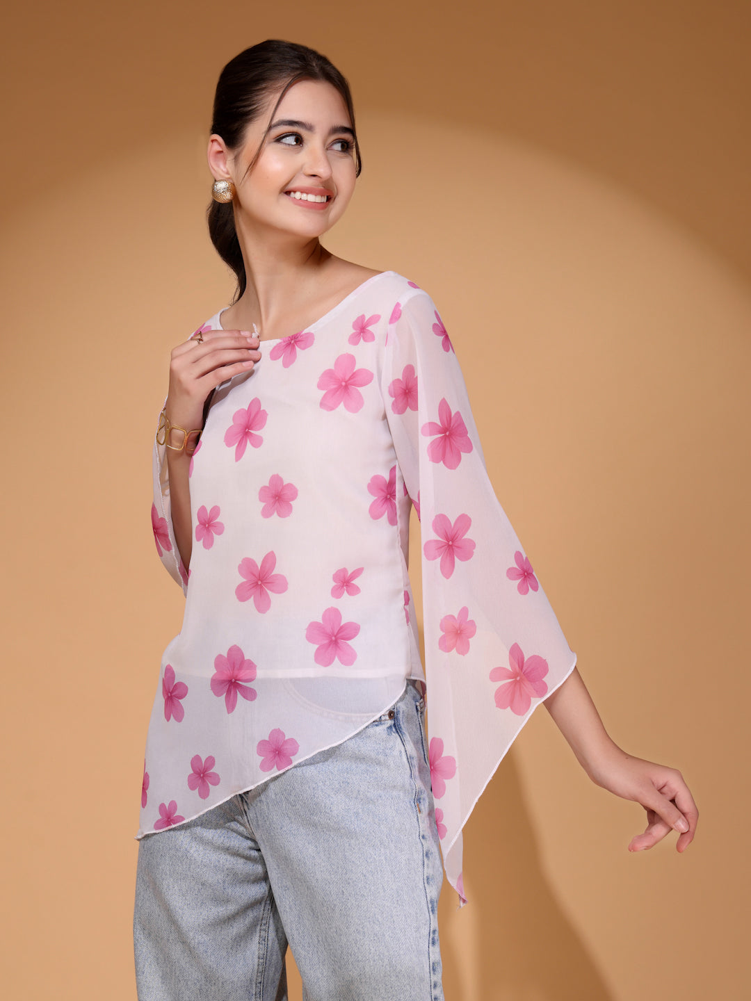 Women’s Floral Printed Asymmetric Georgette Short Kurti
