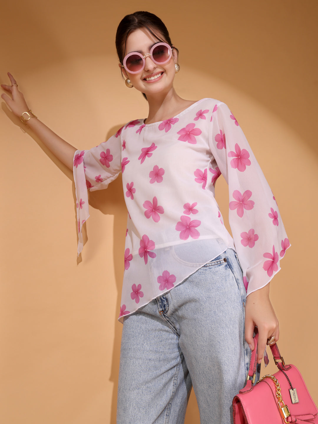 Women’s Floral Printed Asymmetric Georgette Short Kurti