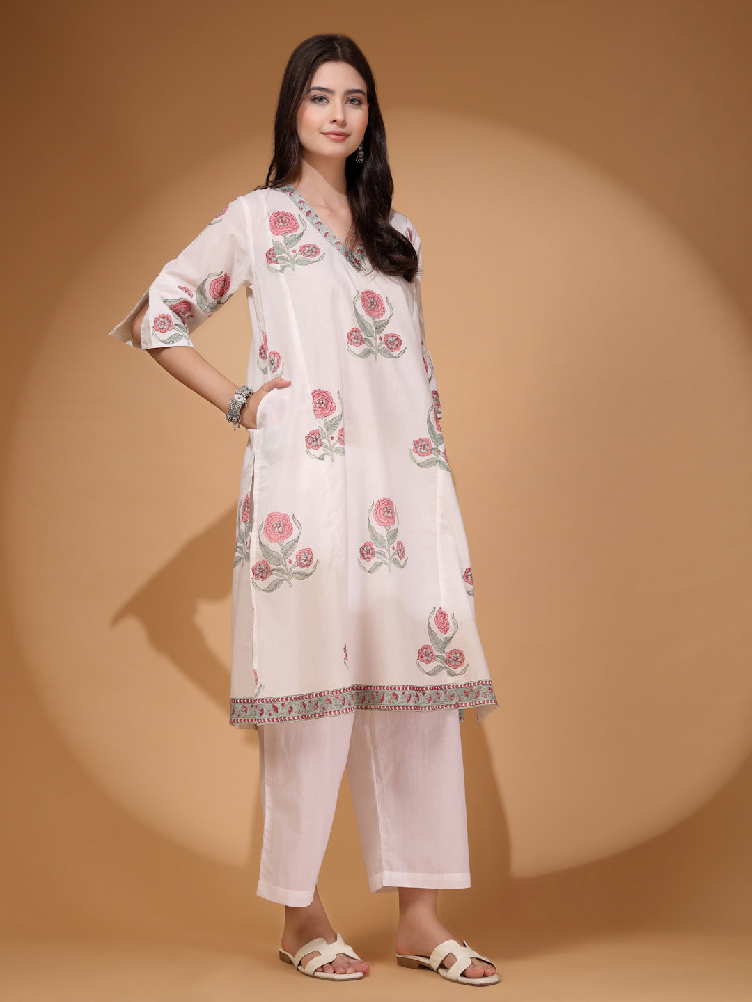 Handblock Print A-line Kurta Set