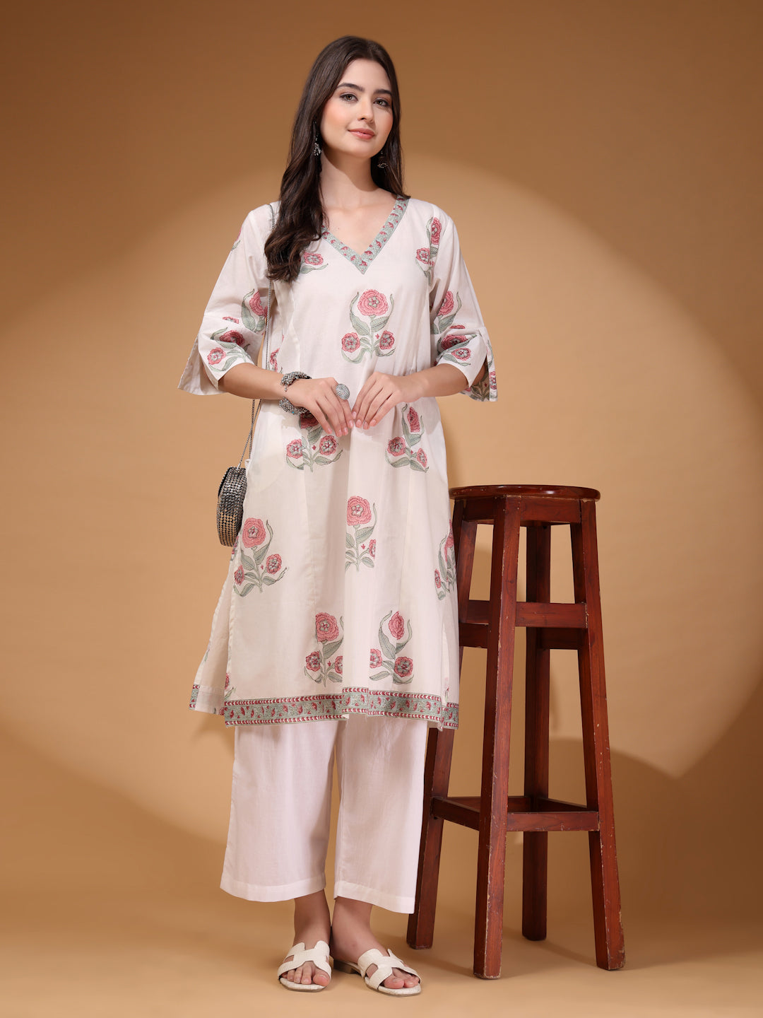 Handblock Print A-line Kurta Set