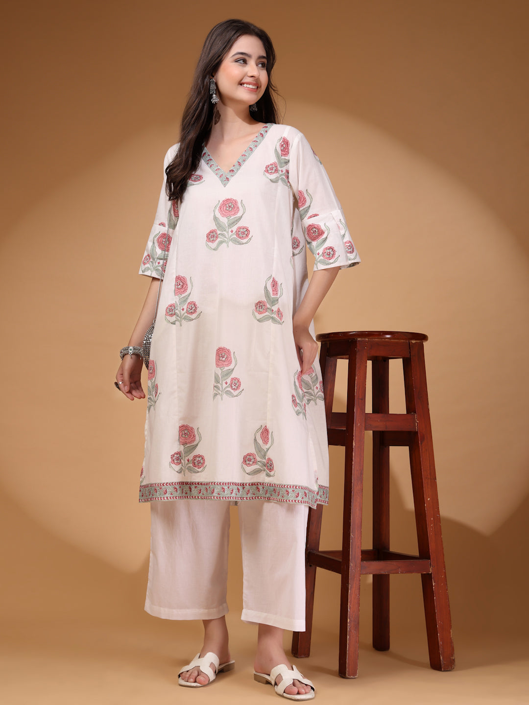 Handblock Print A-line Kurta Set