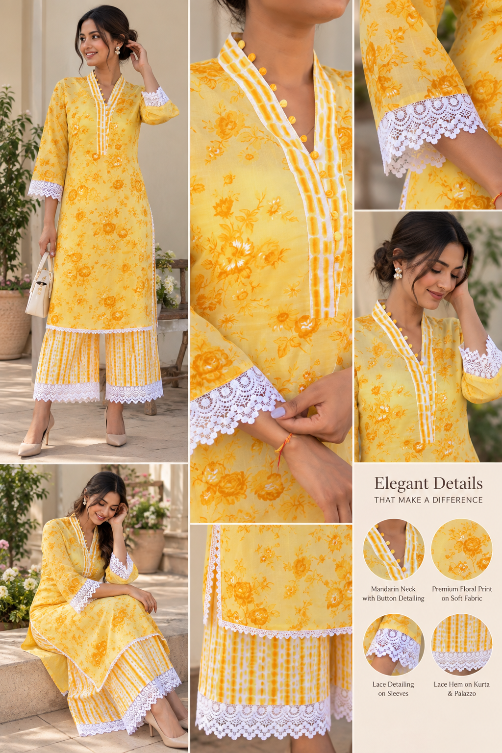 Yellow Floral Printed Kurta with Palazzo Set | Lace Detail Co-ord Set for Women