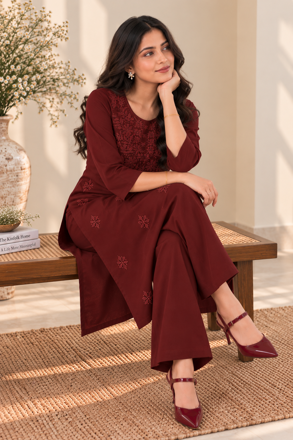 Maroon Embroidered Kurta Palazzo Set for Women | Elegant Ethnic Wear
