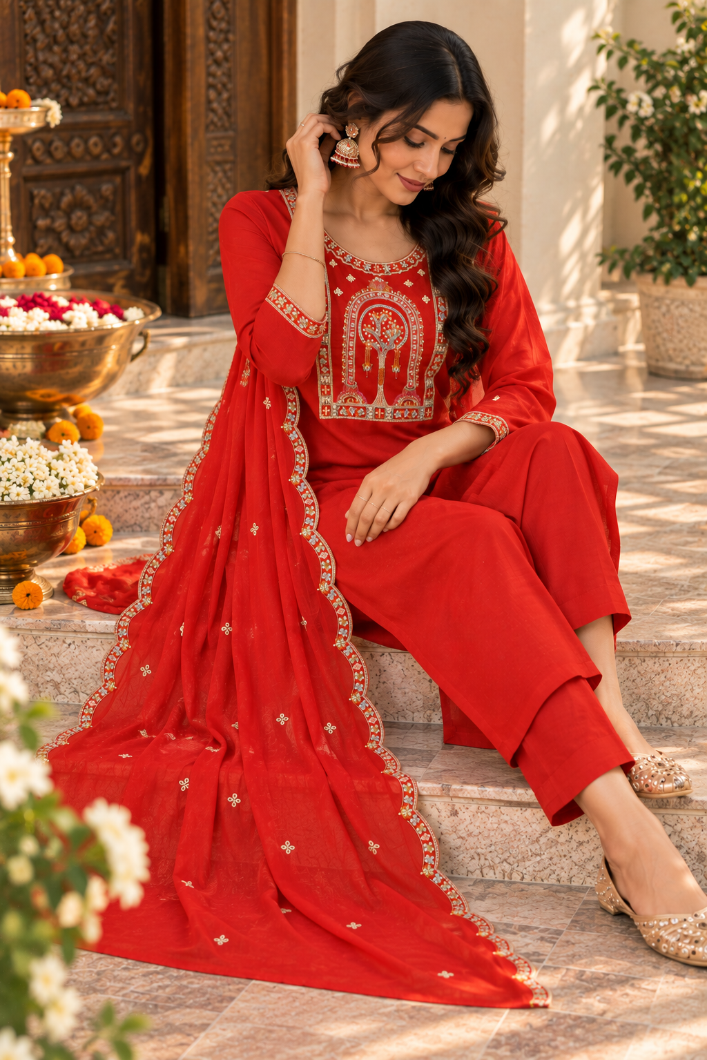 Orange Embroidered Kurta Pant Set with Dupatta | Festive Ethnic Suit for Women