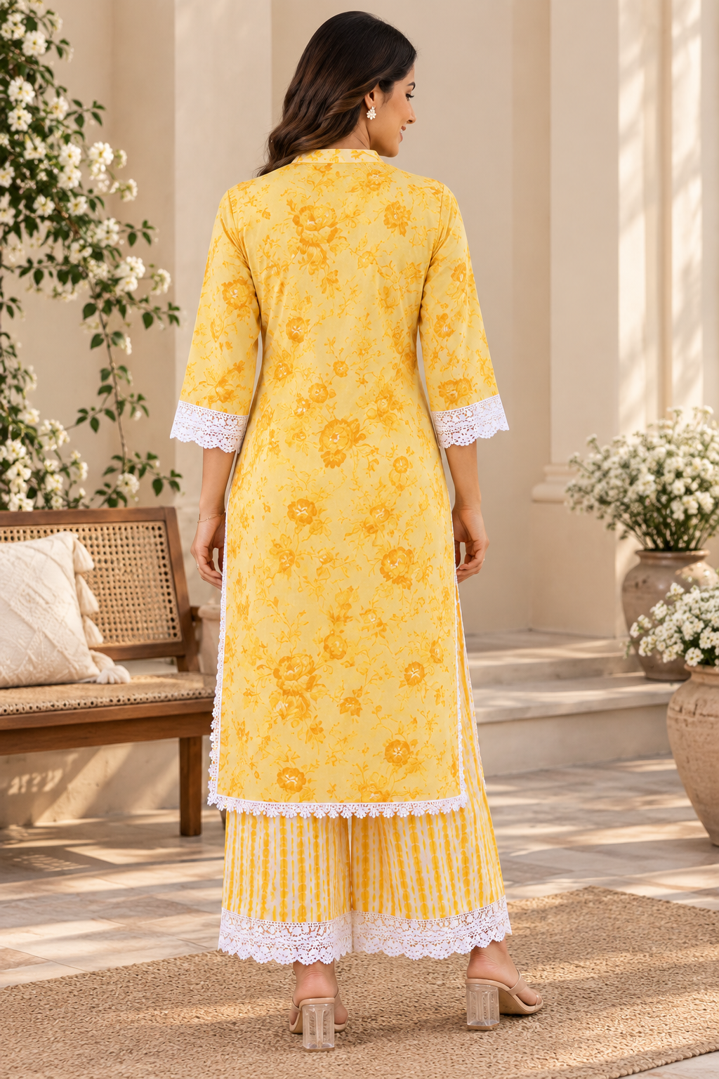 Yellow Floral Printed Kurta with Palazzo Set | Lace Detail Co-ord Set for Women