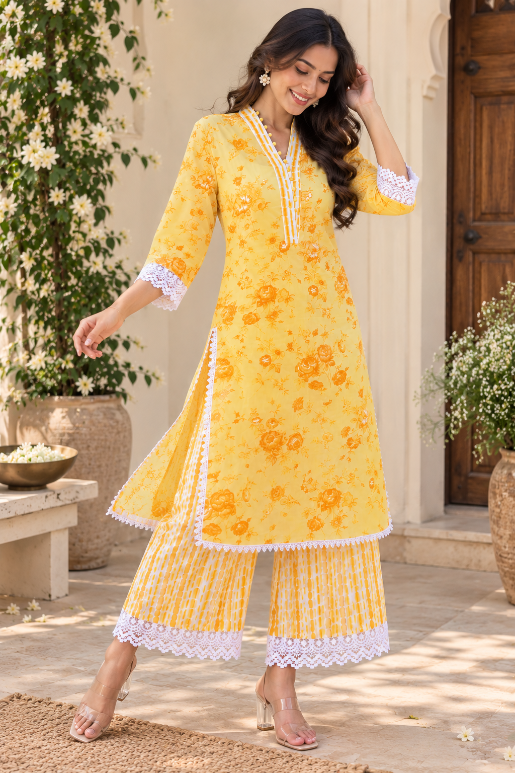 Yellow Floral Printed Kurta with Palazzo Set | Lace Detail Co-ord Set for Women