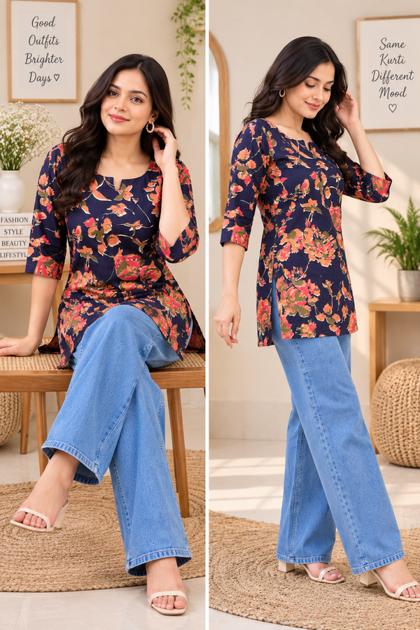 Women’s Navy Blue Floral Printed Straight Kurti