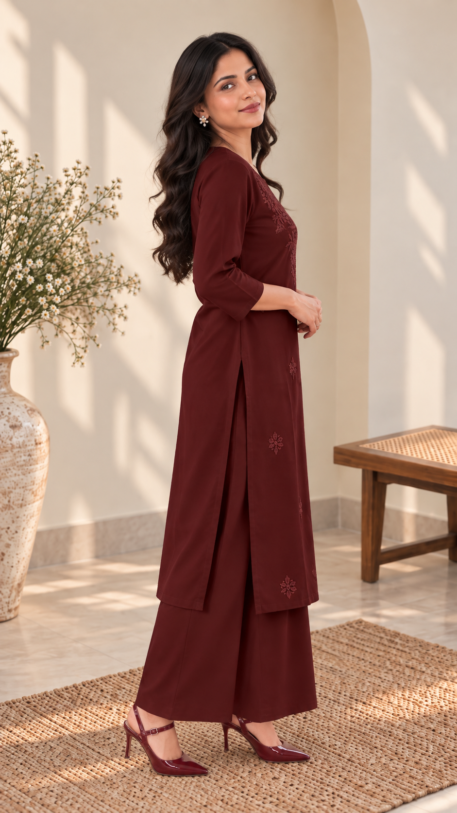 Maroon Embroidered Kurta Palazzo Set for Women | Elegant Ethnic Wear