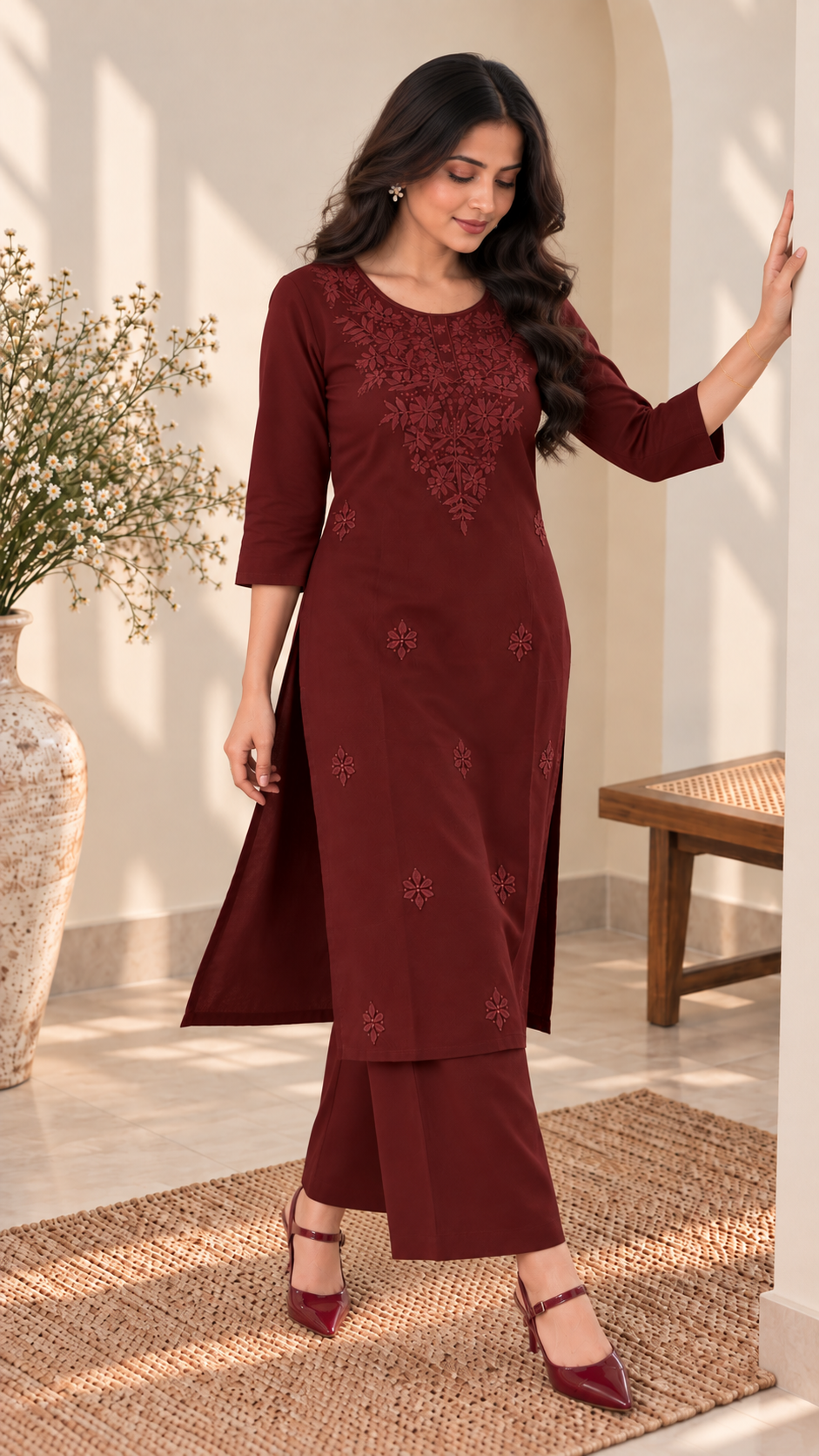 Maroon Embroidered Kurta Palazzo Set for Women | Elegant Ethnic Wear