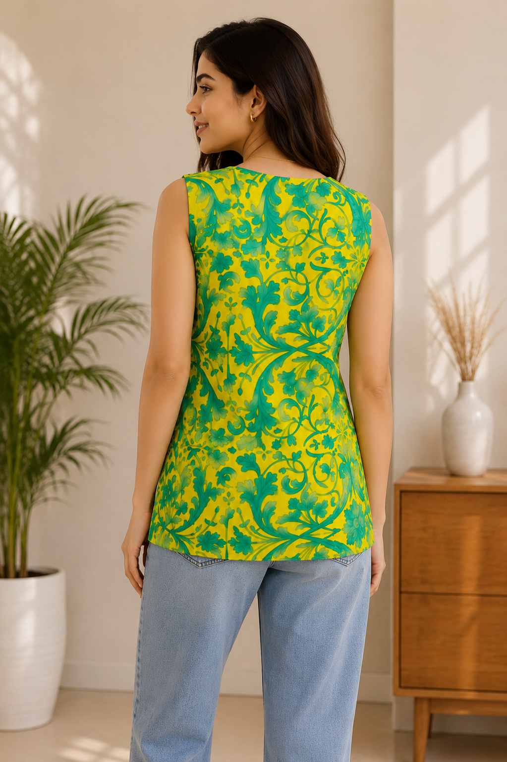 Woman’s yellow floral printed sleeveless top