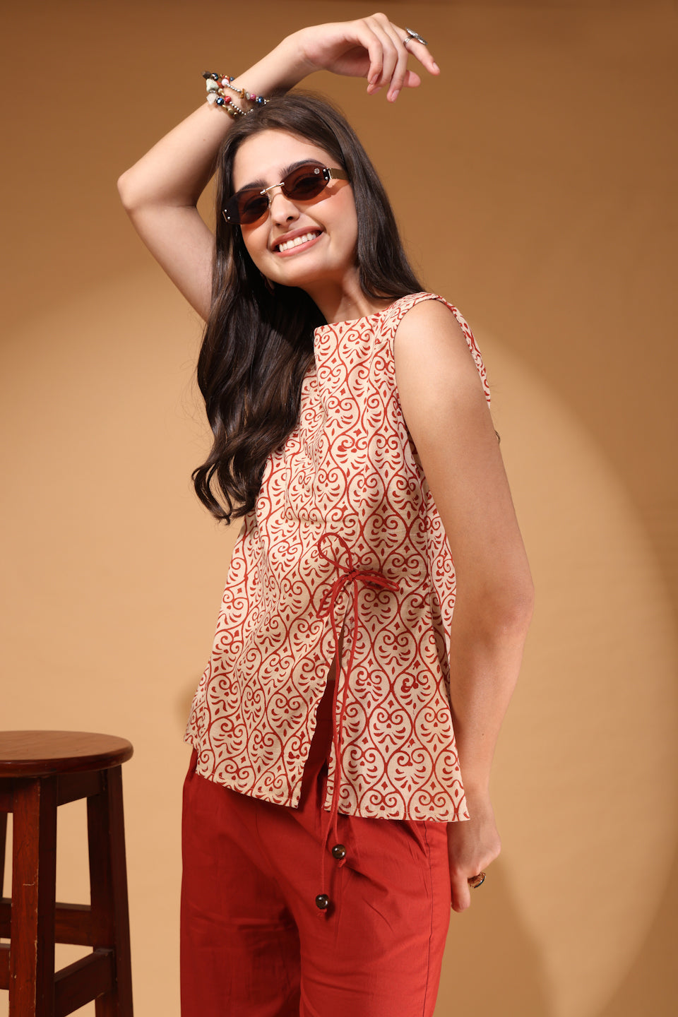 Elegant Red Palazzo Co-Ord Set with Printed Sleeveless Top & Side Bow Tie-Up | Indo-Western Statement Outfit for Women