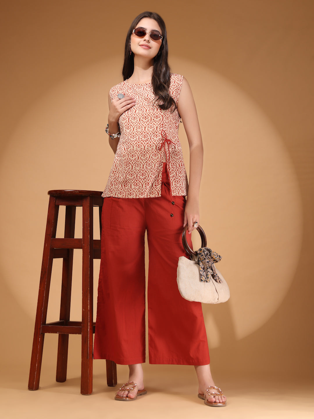 Elegant Red Palazzo Co-Ord Set with Printed Sleeveless Top & Side Bow Tie-Up | Indo-Western Statement Outfit for Women