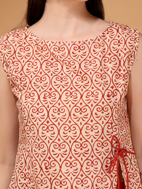 Elegant Red Palazzo Co-Ord Set with Printed Sleeveless Top & Side Bow Tie-Up | Indo-Western Statement Outfit for Women
