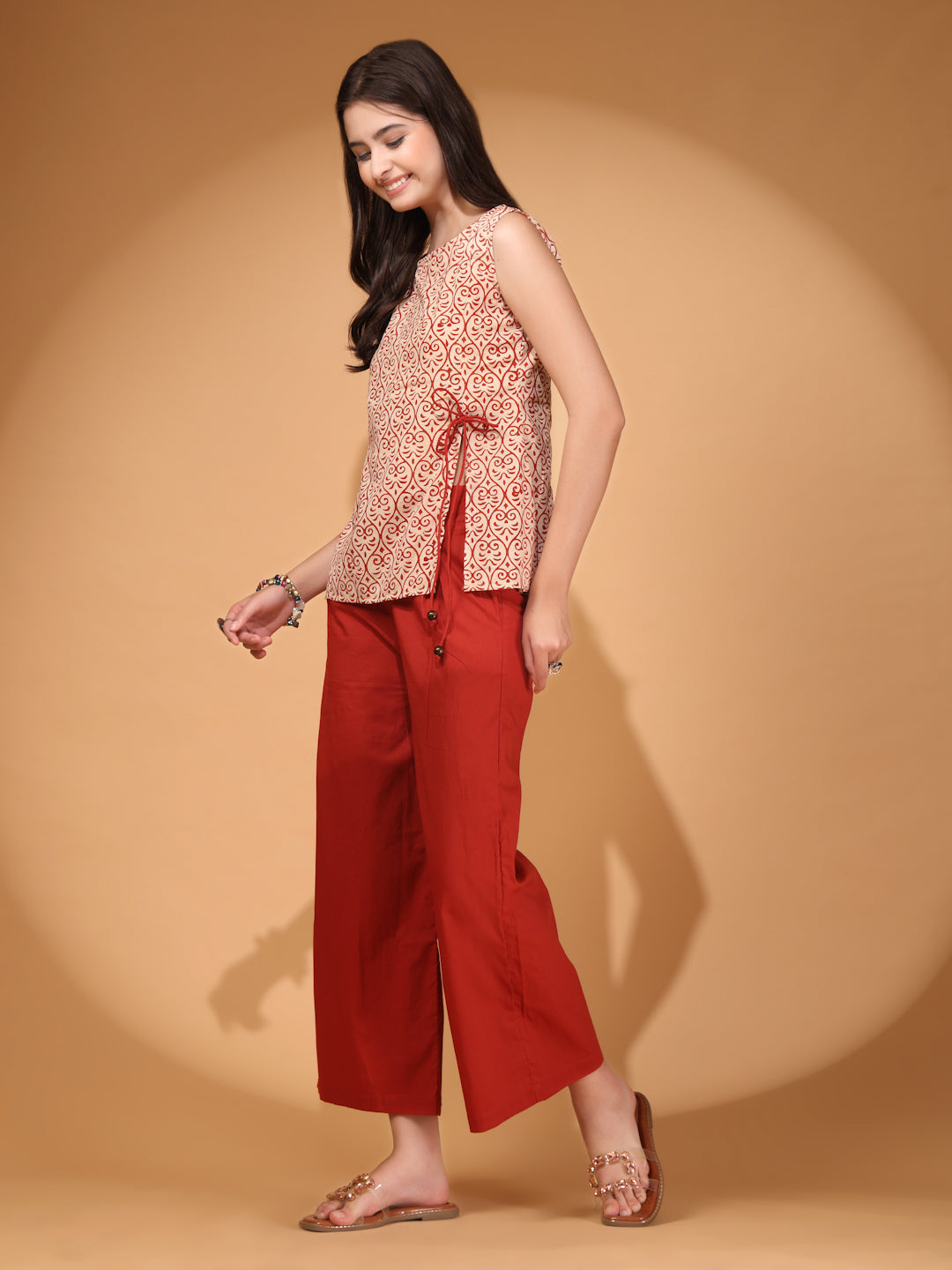 Elegant Red Palazzo Co-Ord Set with Printed Sleeveless Top & Side Bow Tie-Up | Indo-Western Statement Outfit for Women