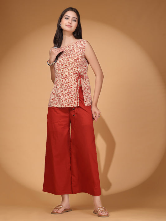 Elegant Red Palazzo Co-Ord Set with Printed Sleeveless Top & Side Bow Tie-Up | Indo-Western Statement Outfit for Women