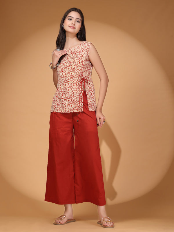 Elegant Red Palazzo Co-Ord Set with Printed Sleeveless Top & Side Bow Tie-Up | Indo-Western Statement Outfit for Women
