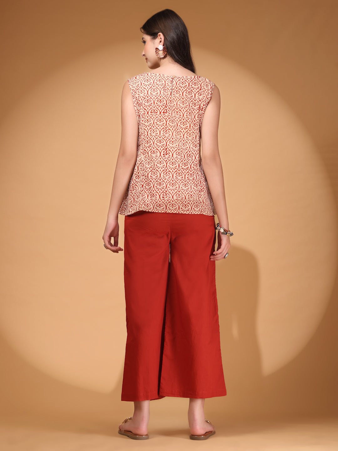 Elegant Red Palazzo Co-Ord Set with Printed Sleeveless Top & Side Bow Tie-Up | Indo-Western Statement Outfit for Women